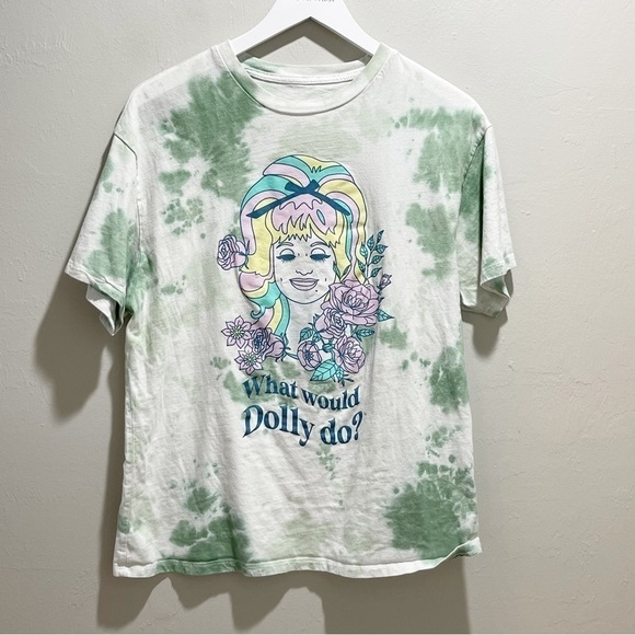 What Would Dolly Do? Women’s Green Tie Dye Graphic Tee Dolly Parton Flowers XS - Picture 2 of 7